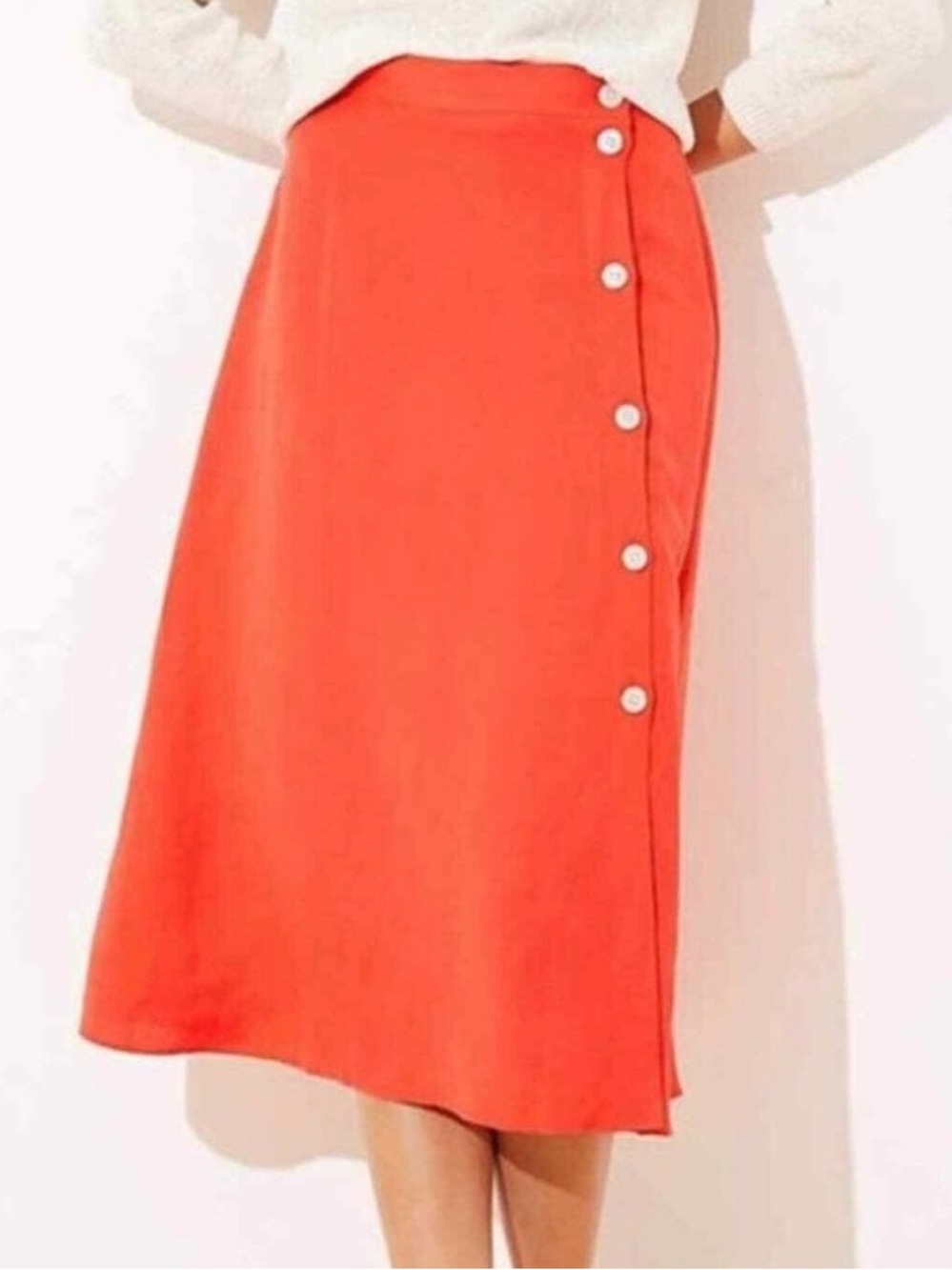 LOFT Coral Button Front Linen Blend Midi Skirt 6